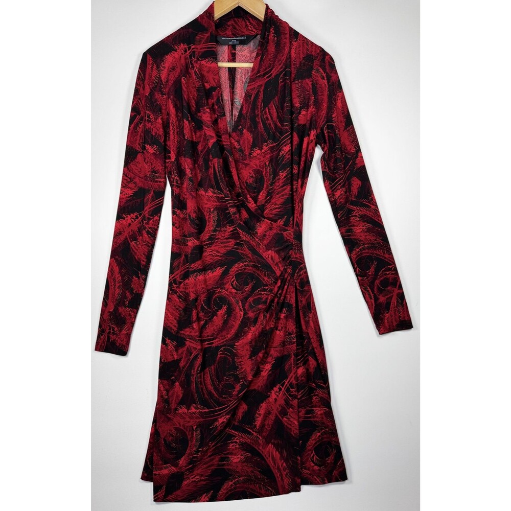 Norma Kamali Dress Womens Medium Red‎ Black Feather Print Long Sleeve Wrap Style